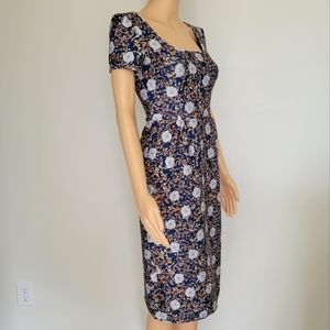 Cynthia Rowley scuba floral dress midi short sleeve stretch white blue yellow